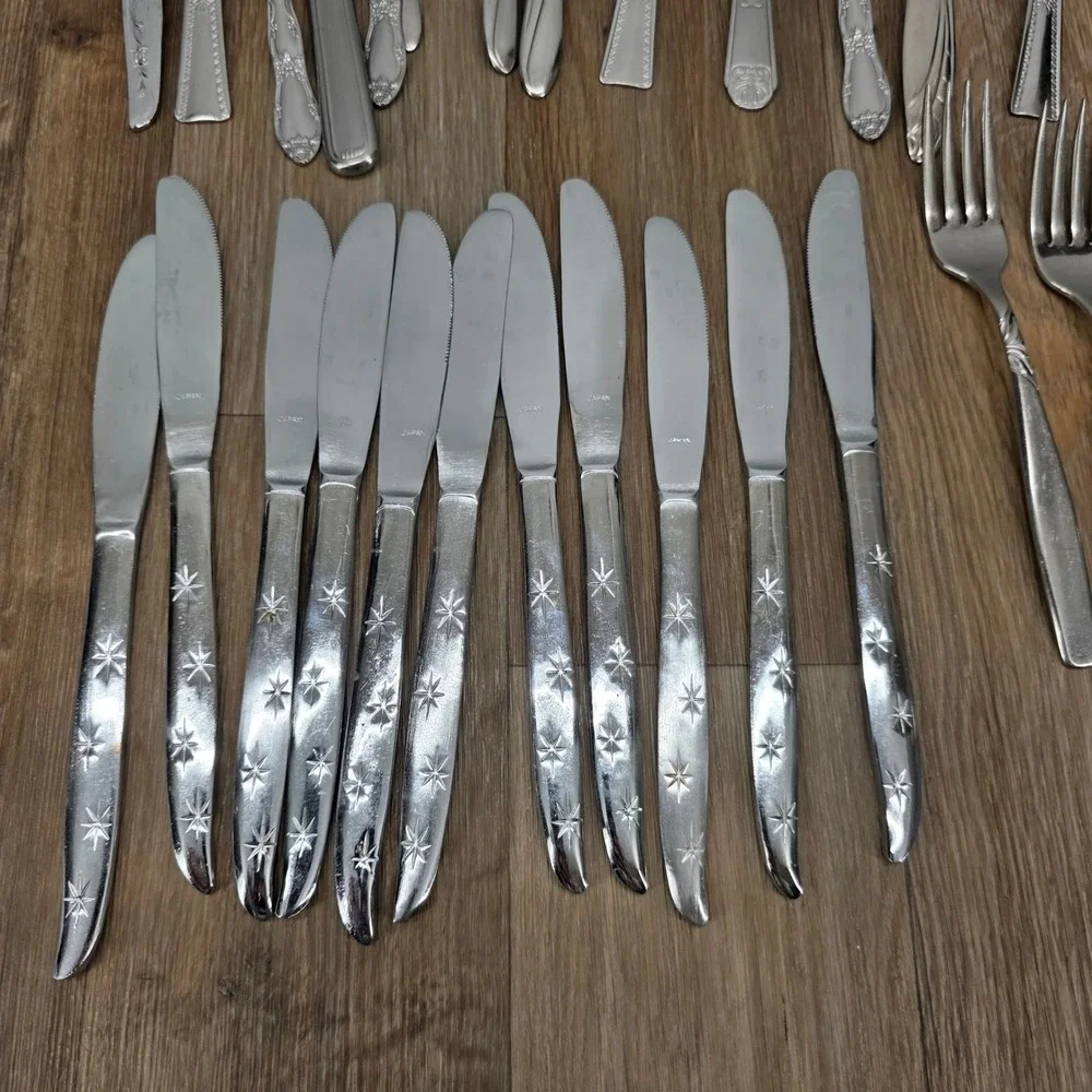 Mixed Stainless Flatware Lot Oneida Ekco Silco Capri Starburst Floral 35pc Japan